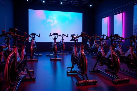 Dedicated cycling studio with spinning bikes.