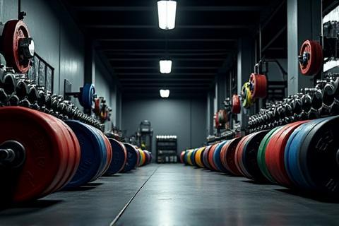 Spacious free weights area with various dumbbells and barbells.