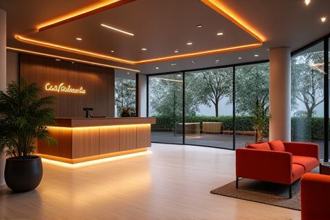 Modern gym lobby and reception area.