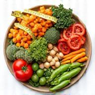 Healthy food plate with measuring tape.